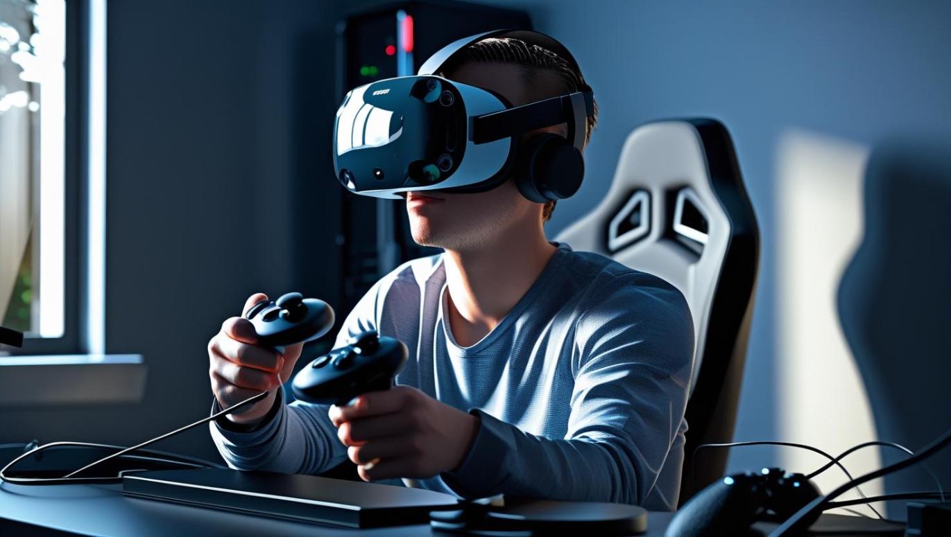 Gamer wearing VR headset plays in RGB-lit room with powerful gaming PC.