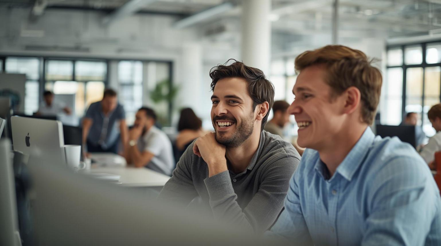 Diverse startup team collaborating in bright office with blurred laptops and positivity.