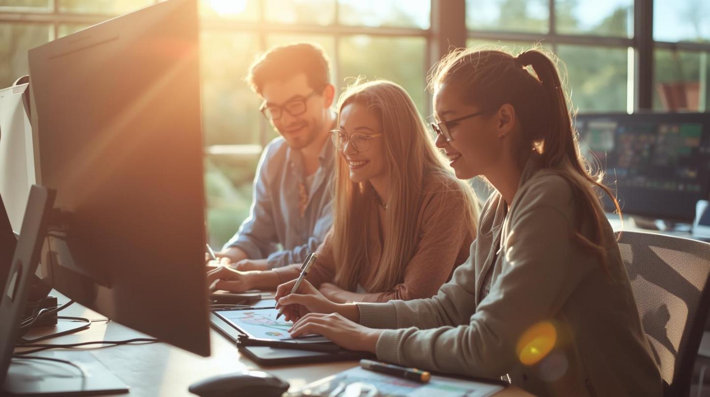 Three game artists collaborate in sunny studio, screens blurred, warm cheerful creative atmosphere.