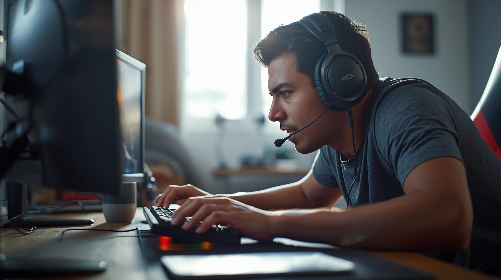 Focused gamer leaning forward at desk during intense online competitive match moment.